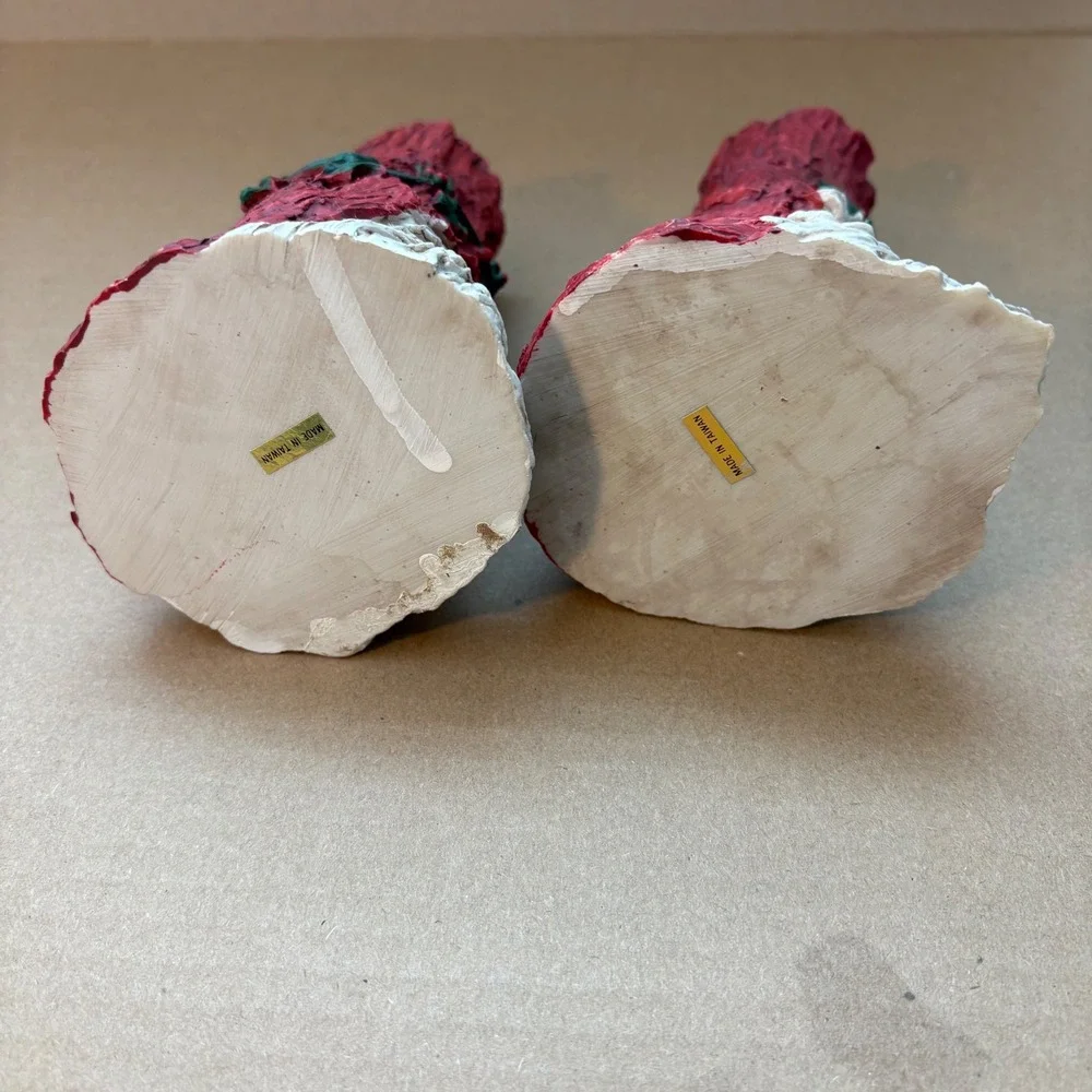 Vintage Set of 2 Santa Claus Face Tree‎ Trunk Candlestick Holders Red Holly